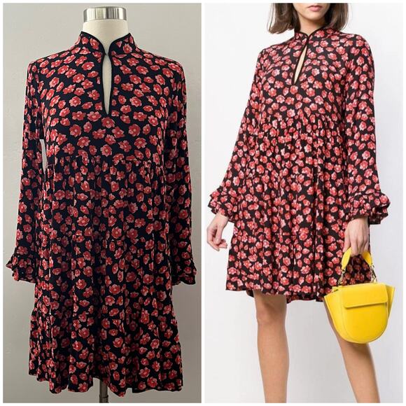 Ganni Lindale Floral Crepe Mini Dress Mod Retro Ruffle Black Size 38 = US Size 6 - Picture 1 of 14